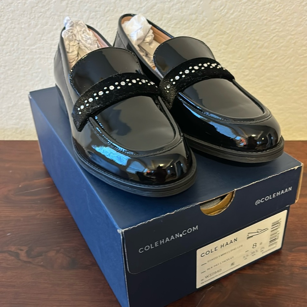 Cole Haan Ladies Stassi Embellished Loafer - Black Patent- size 8B NEW